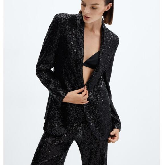 MANGO MNG Americana Sequined Suit Jacket Blazer Black {3U16} - Picture 1 of 6